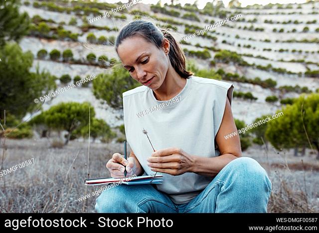 Female scientist writing in book while researching on dried grass at old mine