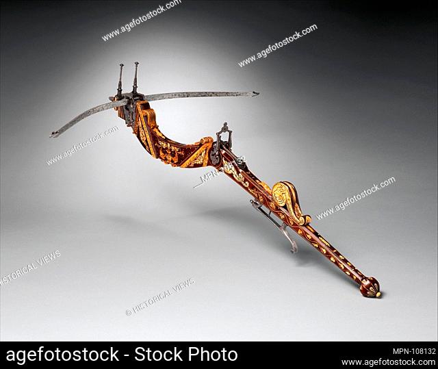 Pellet and Bolt Crossbow. Date: dated 1573; Culture: Northern Italian or French, probably Savoy; Medium: Steel, wood (cherry, mahogany), staghorn