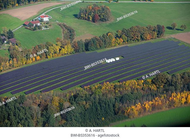 aerial view to photovoltaic systems in field landscape, Germany, Bavaria
