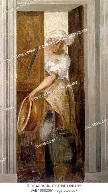 Woman with basins at the door, trompe l'oeil fresco by Cesare Baglione, 16th century, Salone dei Giocolieri (jugglers hall), Castle of Torrechiara