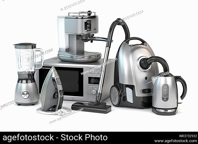 Home appliances. Set of household kitchen technics isolated on white background. Microwave oven, vacuum cleaner, iron blender and teapot