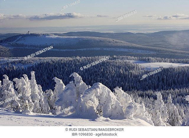 View from the Brocken mountain over a winter landscape deeply covered in snow, Saxony-Anhalt, Germany