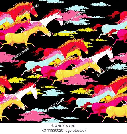 Full frame pattern of multicolored horses running with dust clouds
