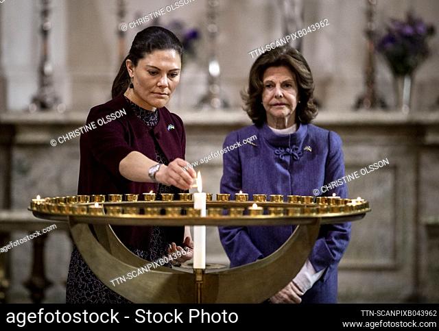 Crown Princess Victoria of Sweden and Queen Silvia attend a Prayer for Peace in The Royal Chapel in Stockholm, Sweden, on March 10, 2022