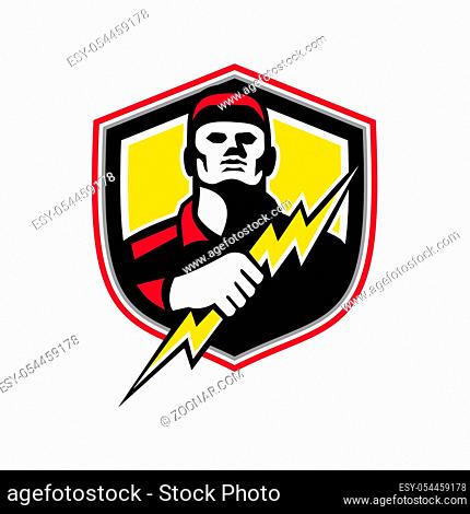 Mascot icon illustration of bust of a power lineman or electrician holding a thunderbolt or lightning bolt viewed from front set inside crest or shield on...