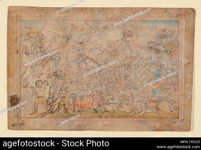 Battle Scene from a Devi Mahatmya. Date: late 18th century; Culture: India (Pahari Hills, Guler); Medium: Ink, wash, and translucent watercolor on paper;...