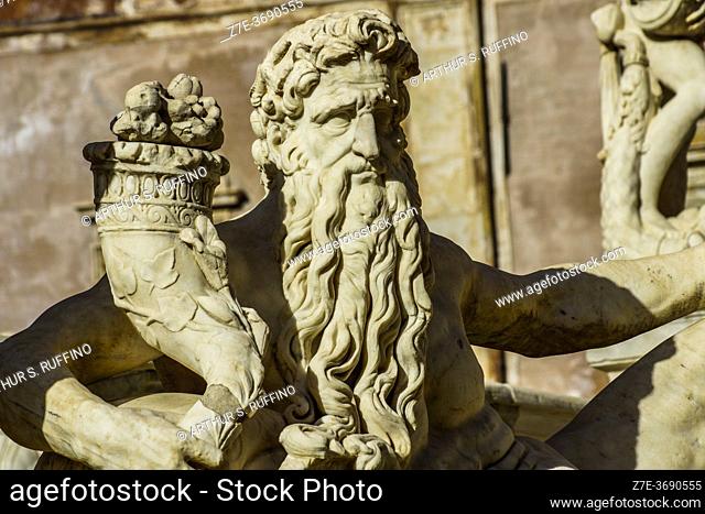 Sculpture of Poseidon (Neptune). One of the sculptures adorning the Pretoria Fountain. Sculptures depict Olympian deities