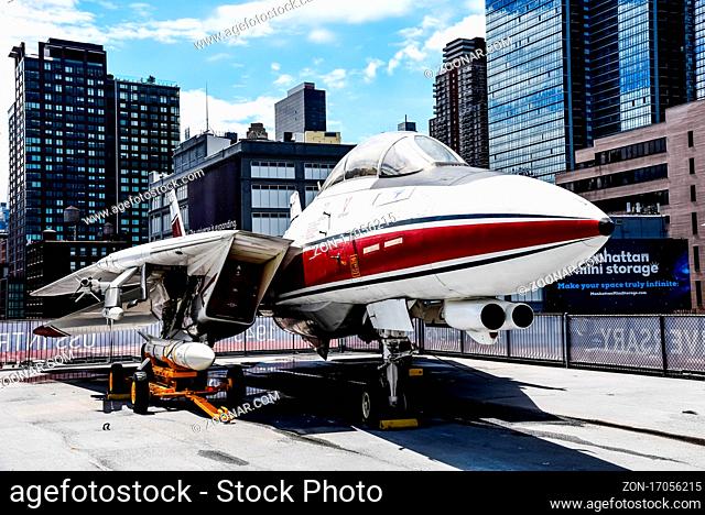 New York City, USA - June 21, 2018: F-14 Aircraft in Intrepid museum in New York. The USS Intrepid hosts the Intrepid Sea, Air and Space Museum in New York City