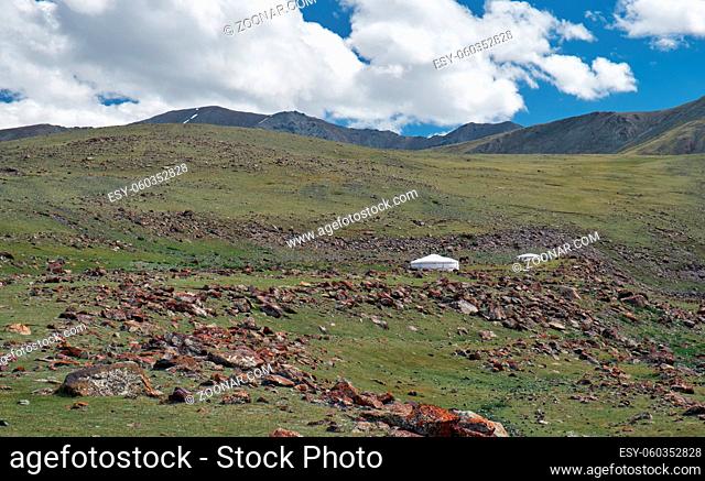 Mountain mongolian natural landscape. Natural boundary Tsagduult, western Mongolia. Mongolian yurt on background