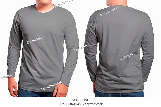 Gray long sleeved t-shirt mock up, front and back view, isolated. Male model wear plain grey shirt mockup. Long sleeve shirt design template