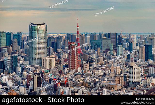 A picture of the Tokyo Tower and its surrounding cityscape