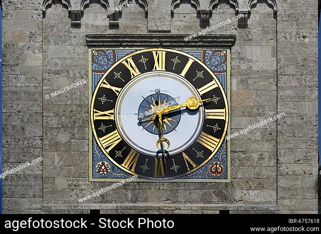 Tower clock, St. Benno, Maxvorstadt, Munich, Upper Bavaria, Bavaria, Germany, Europe
