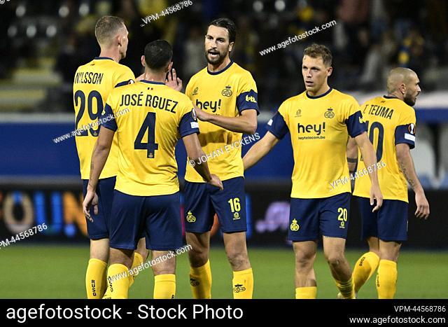 Union's Gustaf Nilsson, Union's Jose Rodriguez, Union's Christian Burgess and Union's Senne Lynen celebrate after winning a soccer game between Belgian Royale...