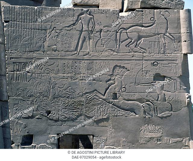 Seti I's battle against Palestine, relief, east exterior wall of the Great Hypostyle Hall, Karnak temple complex (Unesco World Heritage List, 1979)