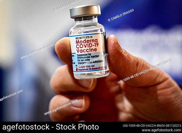 A nurse vaccinator holds a vial of the Moderna COVID-19 Vaccine as the Colombian goverment begins to vaccinate children between ages 3 to 11 against the...