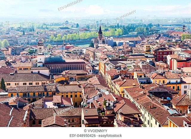 travel to Italy - above view of Verona city with Adige River from tower Torre dei Lamberti in spring