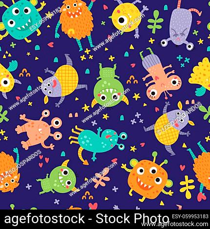 cute vector seamless pattern, funny monsters on dark blue background, repeat tile for kids apparel, textiles and other children related products