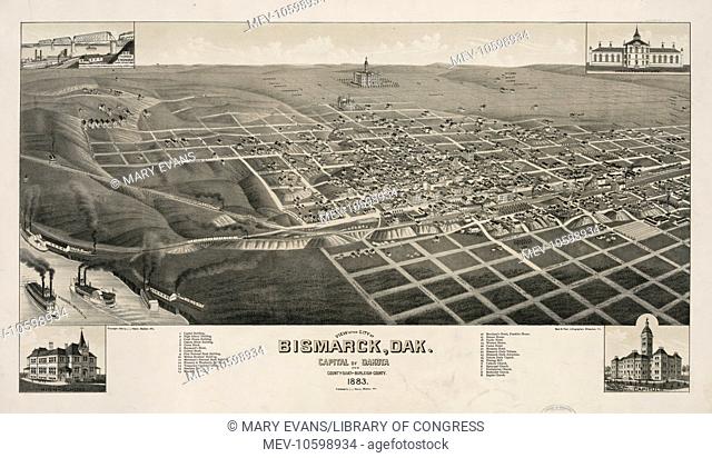 View of the city of Bismarck, Dak., capital of Dakota and county seat of Burleigh County. 1883. Date c1883 Oct. 31