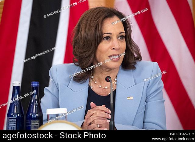 United States Vice President Kamala Harris participates in a multilateral meeting with Caribbean and Dominican leaders, in the Blair House across the street...