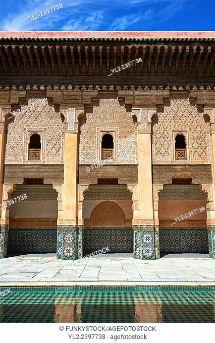 Berber arabesque Morcabe plasterwork of the 14th century Ben Youssef Madersa (Islamic college) re-constructed by the Saadian Sultan Abdallah al-Ghalib in 1564...