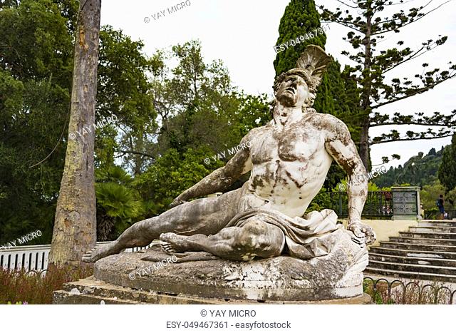 Achilleion palace, Corfu, Greece - August 24, 2018: Sculpture of the dying achilles in achilleion palace corfu