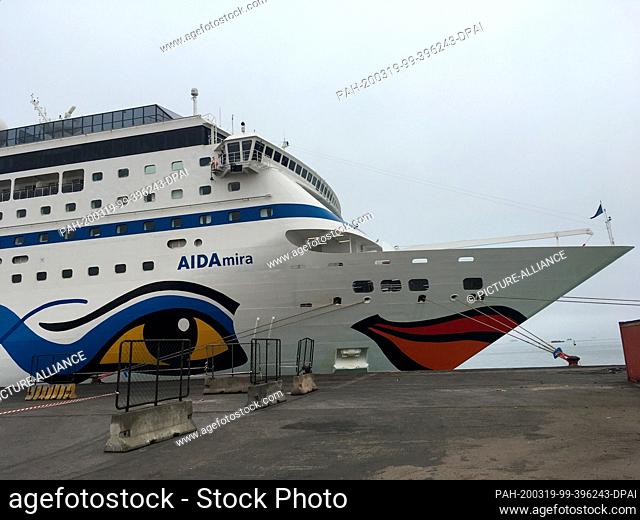 FILED - 13 March 2020, Namibia, Walvis Bay: The cruise ship ""AIDAmira"" is moored in the port. (to dpa ""War of nerves for cruise passengers in Cape Town...