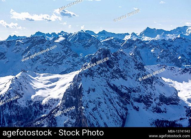 View from the Sass Pordoi viewing terrace on the mountains of the Dolomites, Pordoi Pass, Sellaronda, South Tyrol, Alto Adige, Dolomites, Italy, Europe