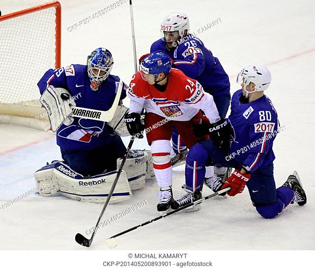 From left: French goalkeeper Florian Hardy, Jiri Hudler (CZE), Benjamin Dieude-Fauvel (FRA) and Teddy Da Costa (FRA) pictured during the Group A preliminary...