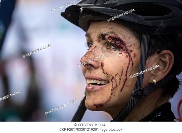 German cyclist Sabine Spitz in the finish of Stage 1 of Cape Epic mountain bike stage race in South Africa. Her eyebrow needed 7 stitches after crash