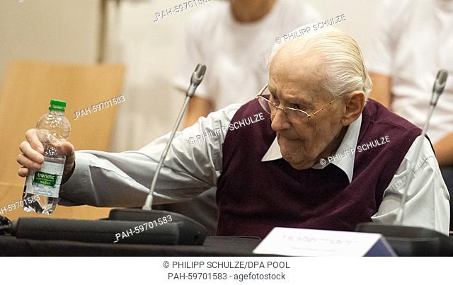 94-year-old defendant and German former SS officer, Oskar Groening also known as the 'bookkeeper of Auschwitz' sits in a courtroom in Lueneburg, Germany