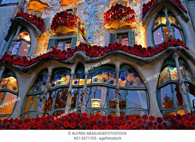 Floral decoration of the Casa Batllo in Sant Jordi 2016, Barcelona, Catalonia, Spain