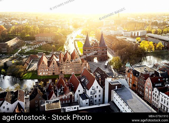 View of Lbeck and the Holstentor at sunset, Schleswig-Holstein, Germany