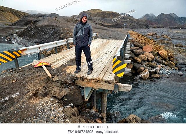 Damaged bridge on a countryside road in Iceland, collapsed road