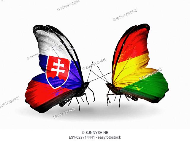 Two butterflies with flags on wings as symbol of relations Slovakia and Bolivia