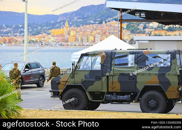 Menton, France - September 10, 2020: French-Italian border, French Police and Italian Military control the Border / Douane in Menton and Ventimiglia