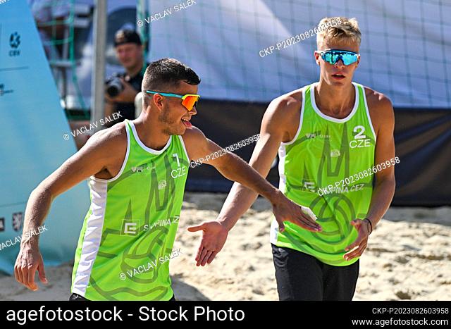 L-R Vaclav Bercik and Matyas Dzavoronok (CZE) in action during the Brno Beach Pro 2023 tournament, part of the Beach Pro Tour world series, Futures category