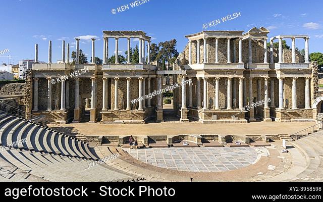 The Roman theatre, Merida, Badajoz Province, Extremadura, Spain. The theatre was originally built in the years 16 to 15 BC