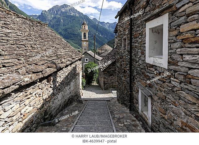 Typical Ticino stone houses and church in the village of Sonogno, Verzasca Valley, Valle Verzasca, Canton Ticino, Switzerland