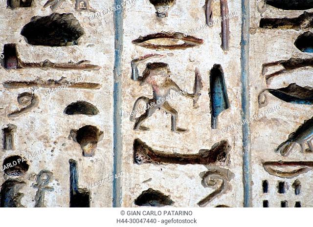 Medinet Habu, Luxor, Egypt, Djamet, mortuary temple of King Ramses III, ( XX dyn. 1185 -1078 B.C) - hieroglyps on a wall