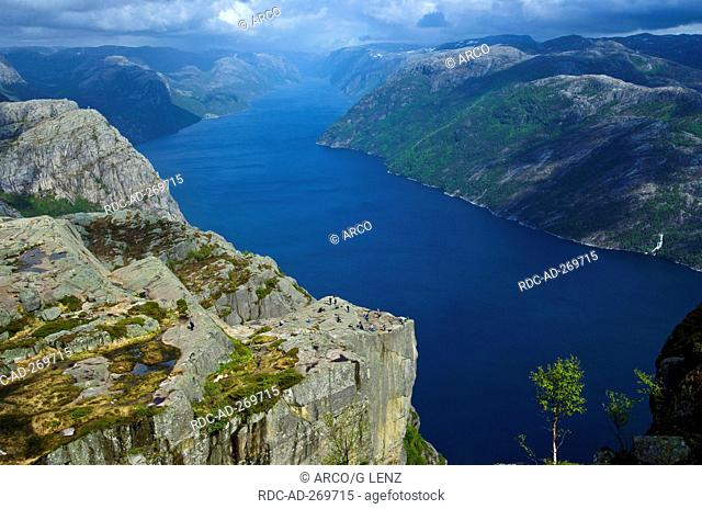 Massive cliff Preikestolen, Ryfylke, Rogaland county, Norway / Prekestolen, Preacher\'s Pulpit, Pulpit Rock, Lysefjord, point of view