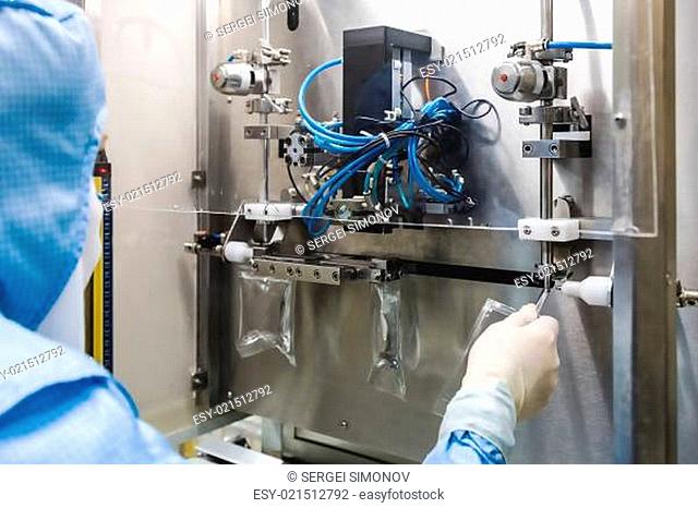 Operator work and fill substance in package on infusion pharmaceutical industry or chemical plant