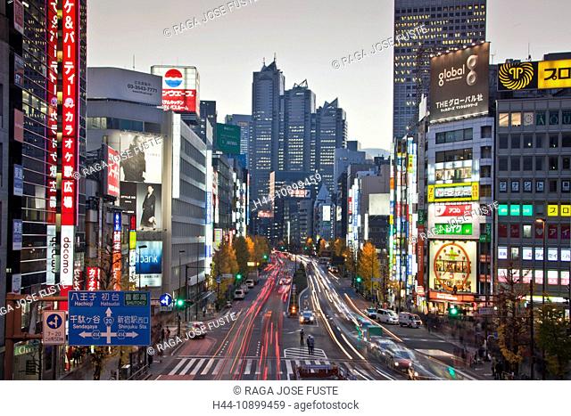 Tokyo, city, Japan, November, Asia, district, Shinjuku, Koshukaido avenue, street, evening, lights, illumination, neon lights