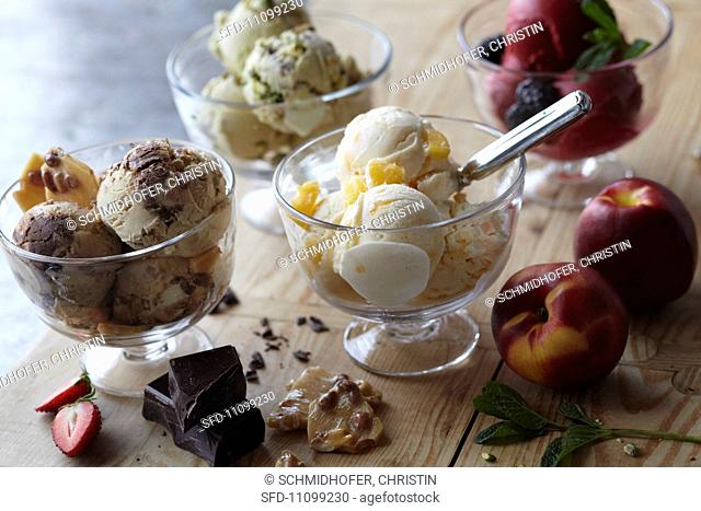 Four Bowls of Ice Cream: Black Raspberry, Pistachio, Chocolate-Peanut Butter and Peach