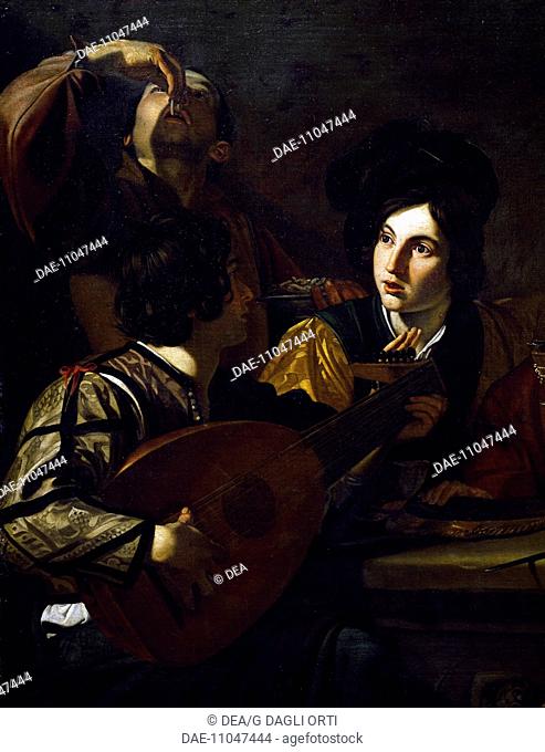 Viola player, detail from Drinking Party with a Lute Player, by Nicolas Tournier (baptized in 1590-died before 1639), oil on canvas, 129x192 cm