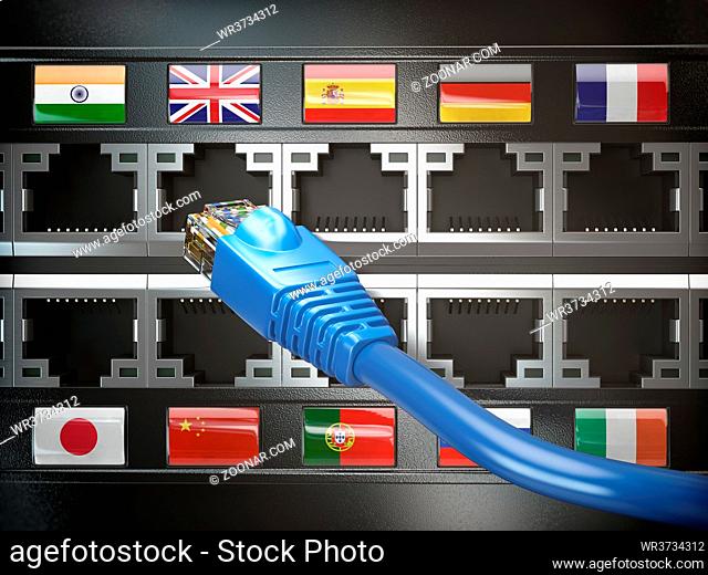 E-learning, translate foreign languages, online vocabilary, multilingual support or change of ip location concept. Flags of countries and ethernet plug and...