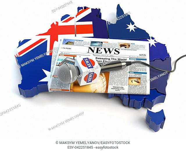 Australian news, press and journalism concept. Microphone and newspaper on the map in colors of the flag of Australia. 3d illustration