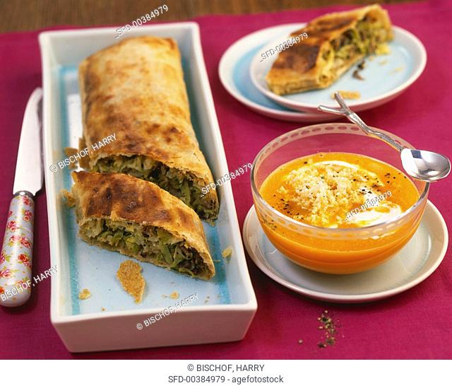 Savoy cabbage strudel with porcini mushrooms and a pumpkin and horseradish sauce