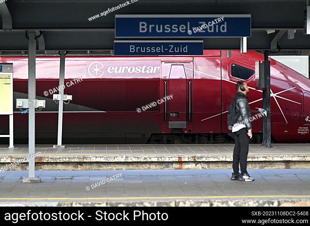 illustration picture showing a Eurostar - former Thalys train in Brussels South Station, Bruxelles Midi , Brussel Zuid Station on thursday 8 November 2023 in...