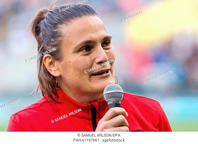 Portland Thorns goalkeeper Nadine Angerer speaks during her last home match of the season of the Portland Thorns against the Washington Spirit of the...