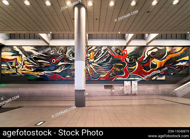 Hall of SHIBUYA station leading to the Inokashira line and whose wall is decorated with a giant fresco about the atomic experience of Hiroshima called Myth of...